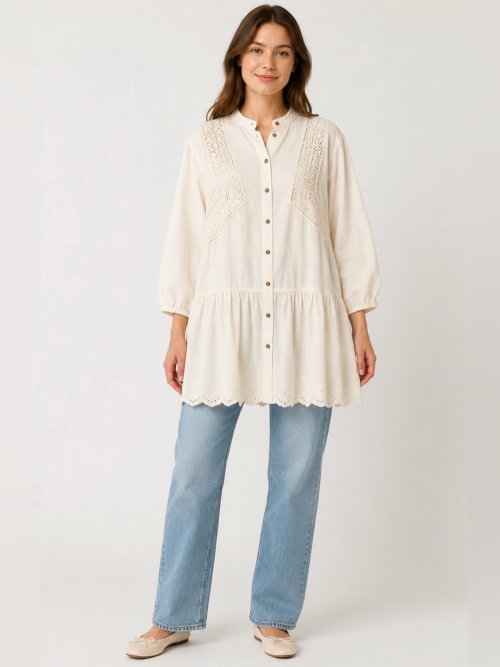 Zara Embroidered Lace Peplum Tunic Blouse Women's Small Ivory Boho Cottagecore
